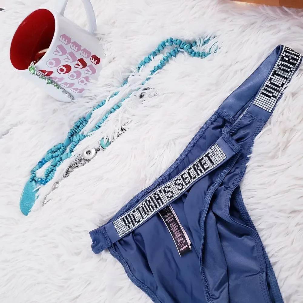 Victoria's Secret BRAZILIAN XLARGE Gray Metallic Rhinestones Logo Very Sexy